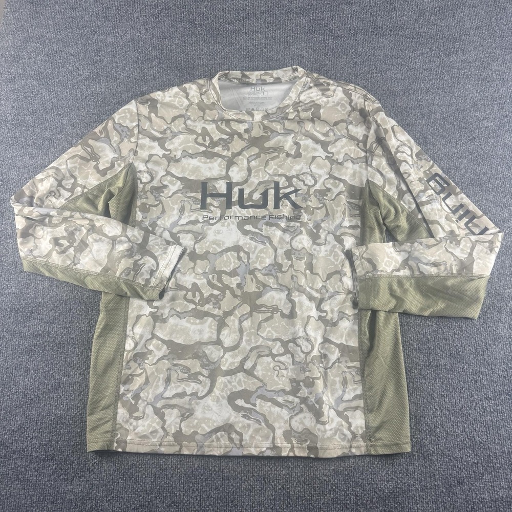 Huk Shirt Mens L Tan Camo Long Sleeve Performance Fishing Mesh Lightweight Tee